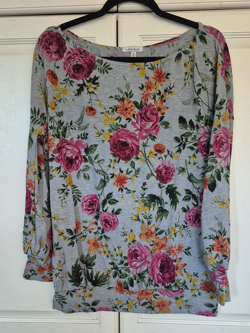 White Birch Gray Floral 3/4 Sleeve Sweater